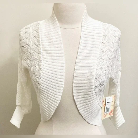 Derek Heart Vintage White Crochet Open Knit Long Sleeve Cropped Cardigan Size L - Picture 1 of 12